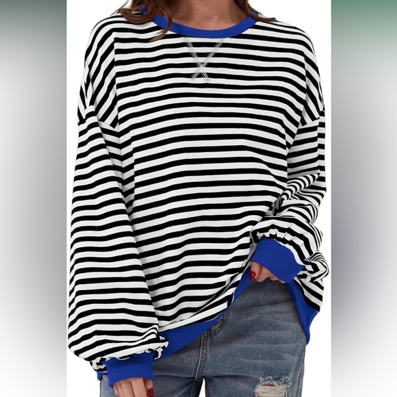 Amazon Tops - Black and White Striped Oversized Sweatshirt with Blue Trim…Medium